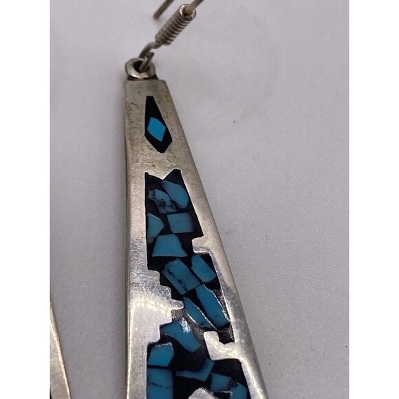 Vintage Mexico Sterling Silver Inlaid Turquoise Large Teardrop Dangle Earrings - Picture 4 of 10